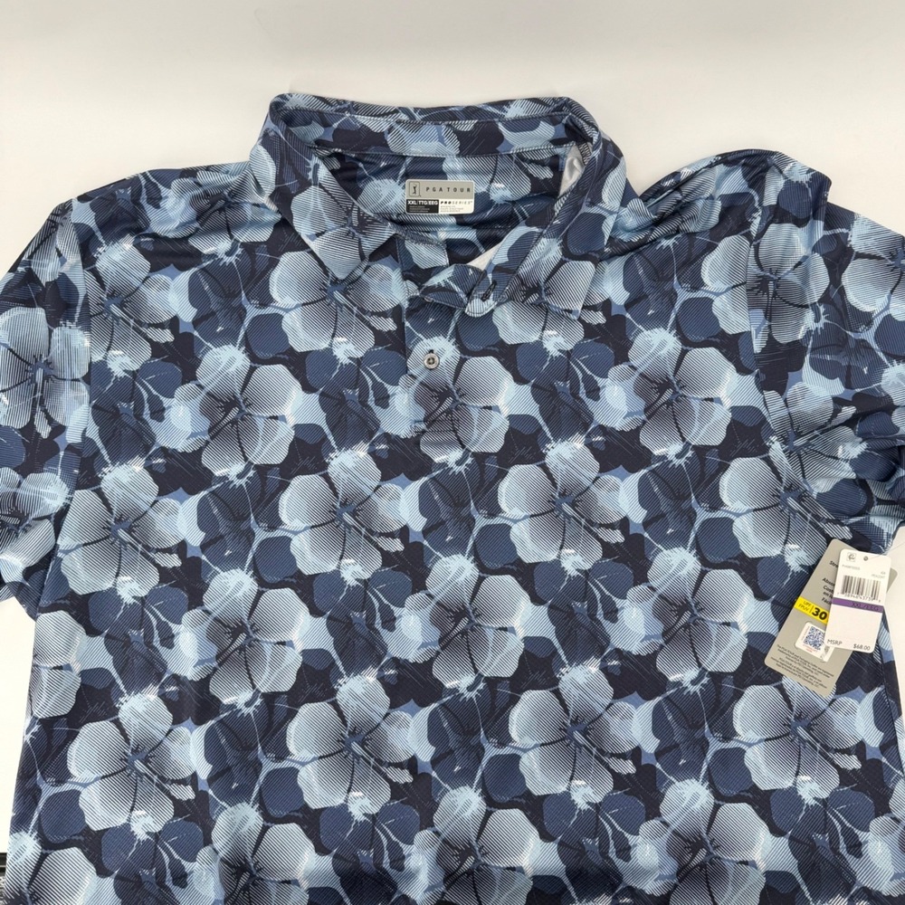 PGA Tour Polo Shirt Mens XXL Blue Pro Series Floral Athletic Fit Performance NEW